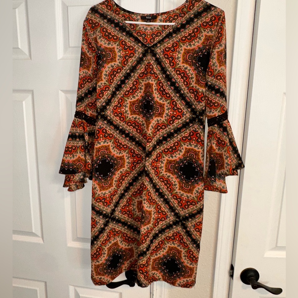 MSK Geometric Long Sleeve Dress - Black, Orange, Brown